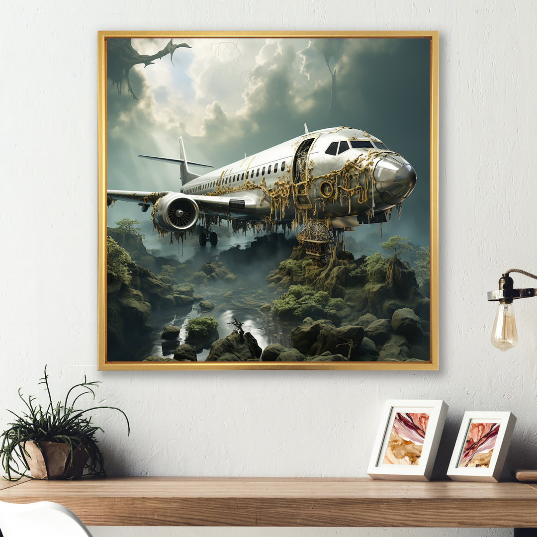 Green crashed Plane in the jungle - Plane Canvas Wall Art