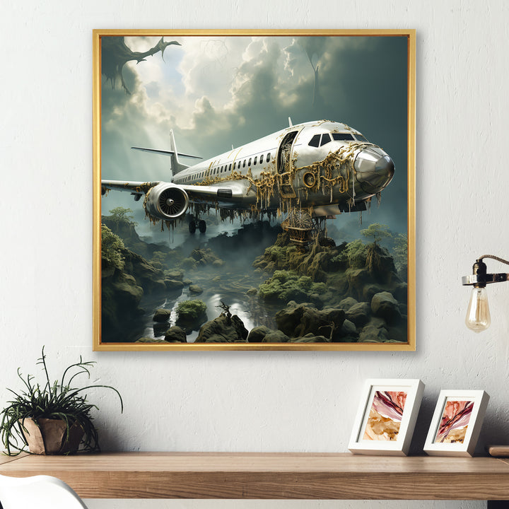 Green crashed Plane in the jungle - Plane Canvas Wall Art
