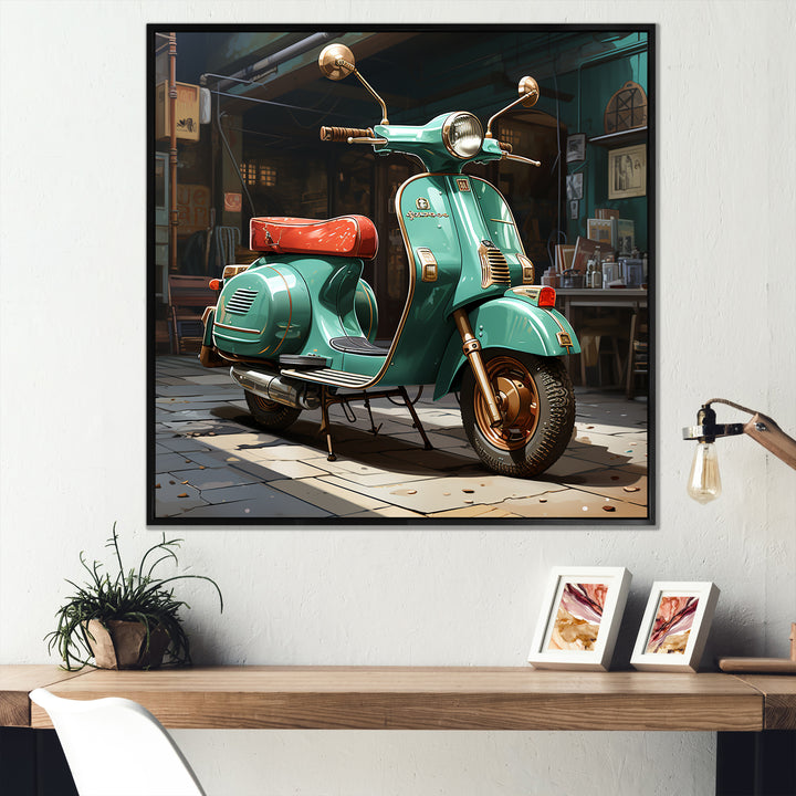 Green Scotter on the streets - Scooter Canvas Wall Art