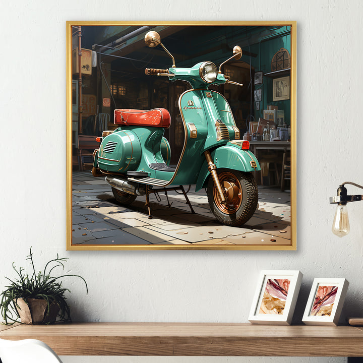 Green Scotter on the streets - Scooter Canvas Wall Art