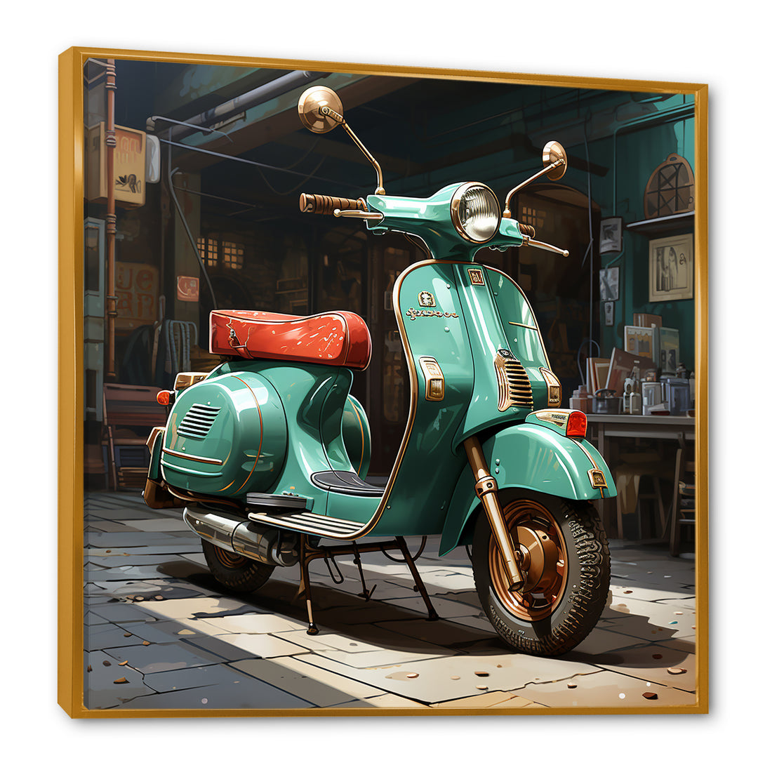 Green Scotter on the streets - Scooter Canvas Wall Art