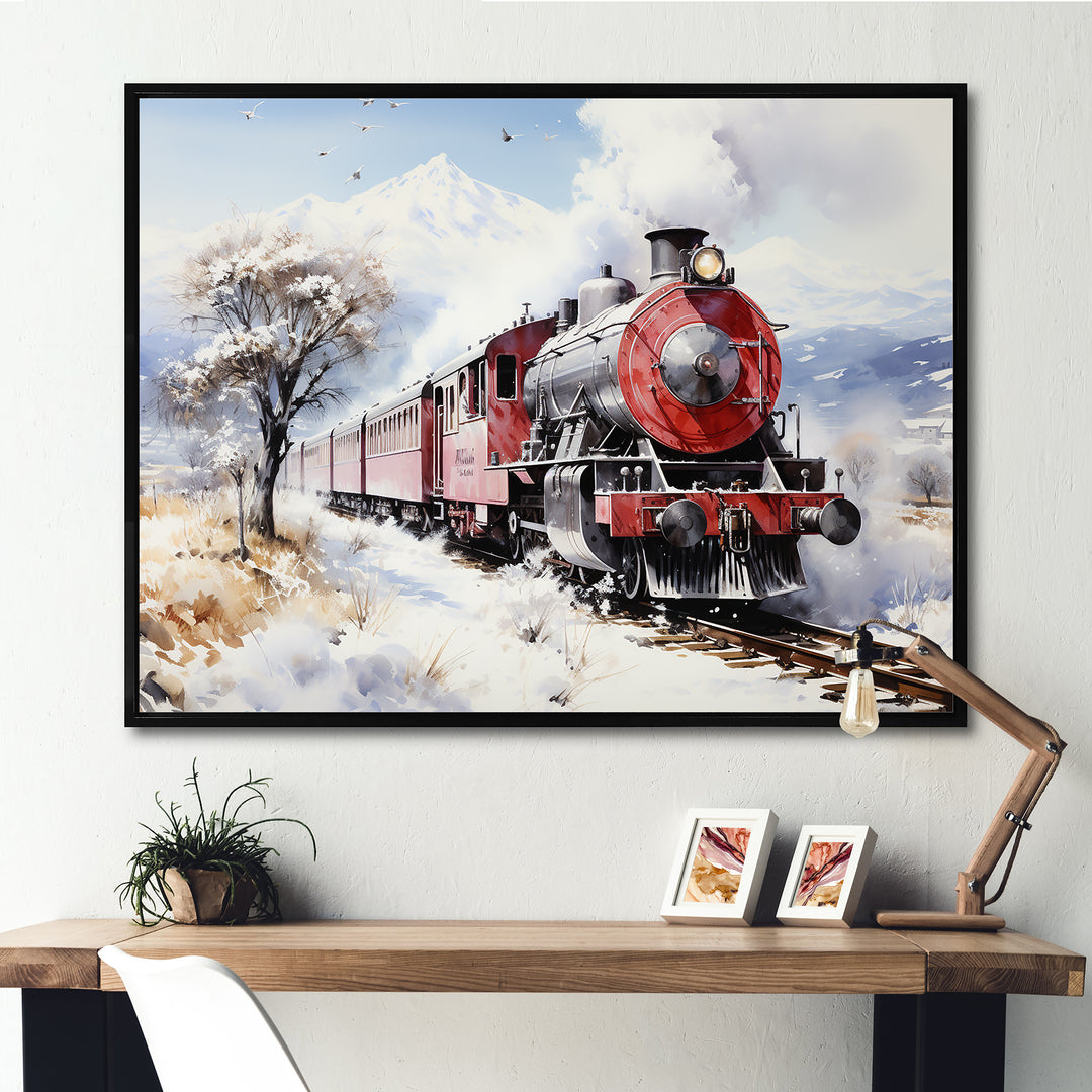 Red and white beautiful countryside train - Transportation Train Canvas Wall Art