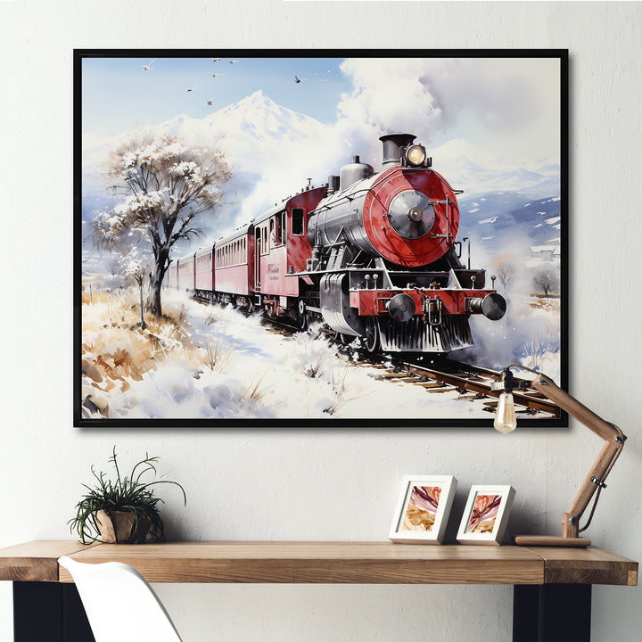 Red and white beautiful countryside train - Transportation Train Canvas Wall Art