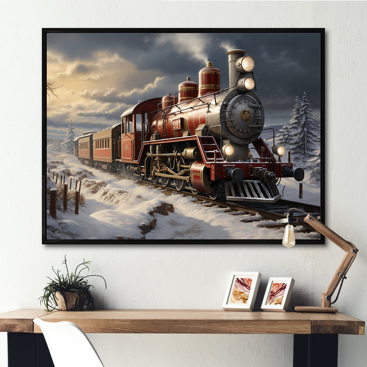 Christmas countryside winter train - Transportation Train Canvas Wall Art