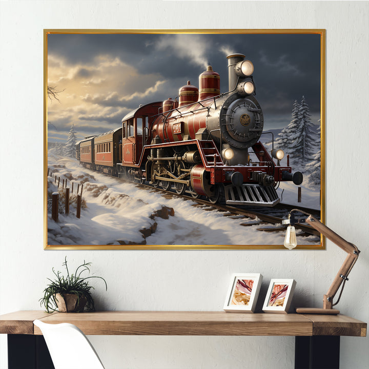 Christmas countryside winter train - Transportation Train Canvas Wall Art