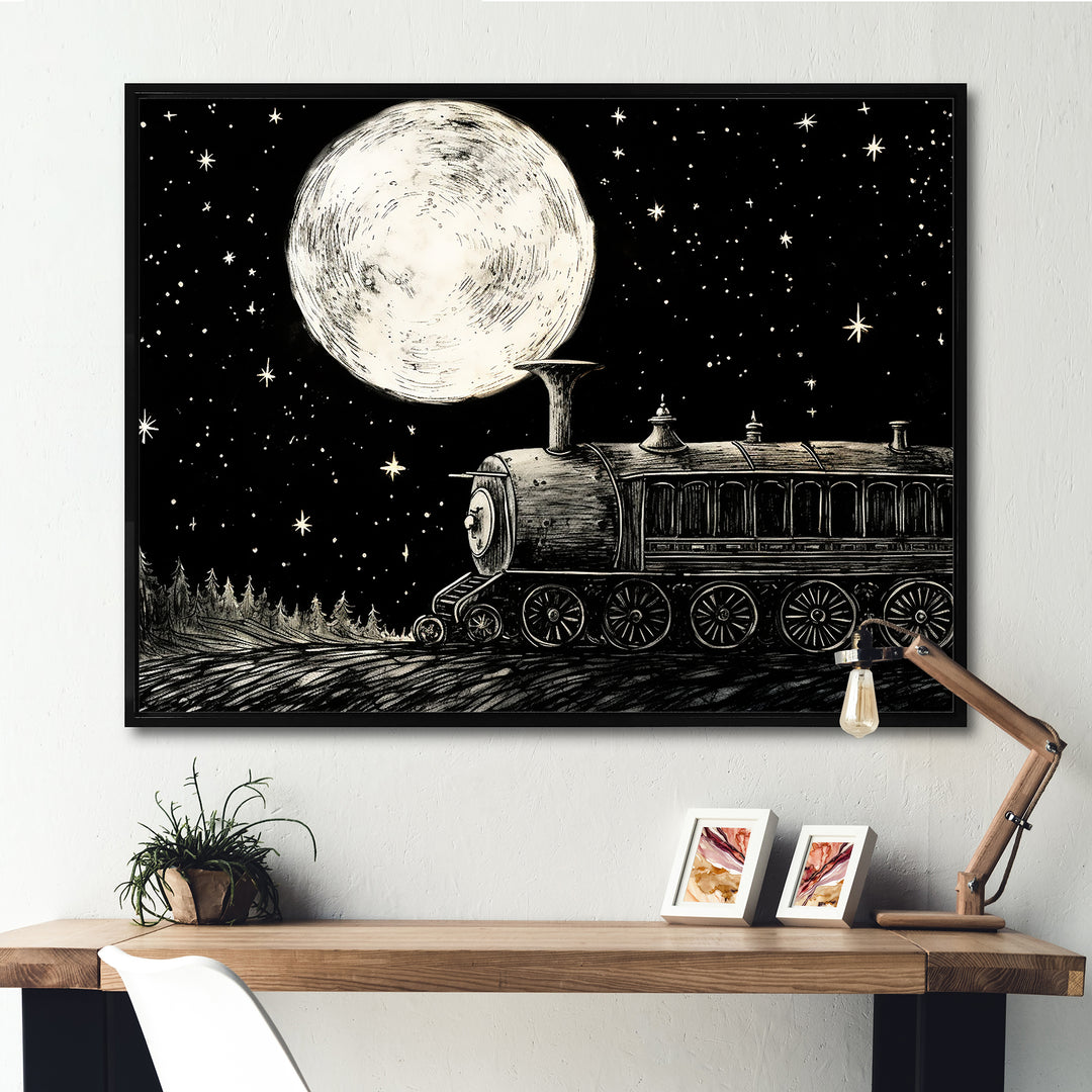 Black and white train at night I - Transportation Train Canvas Wall Art