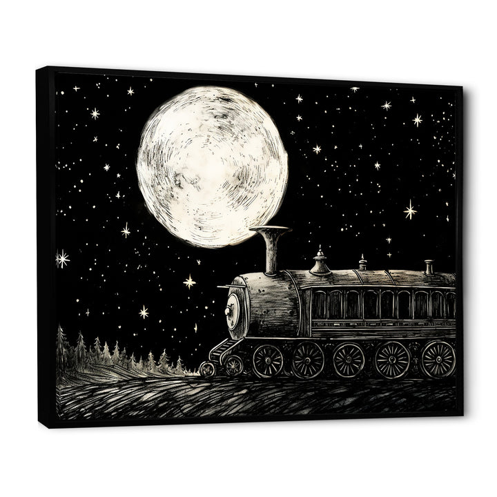 Black and white train at night I - Transportation Train Canvas Wall Art