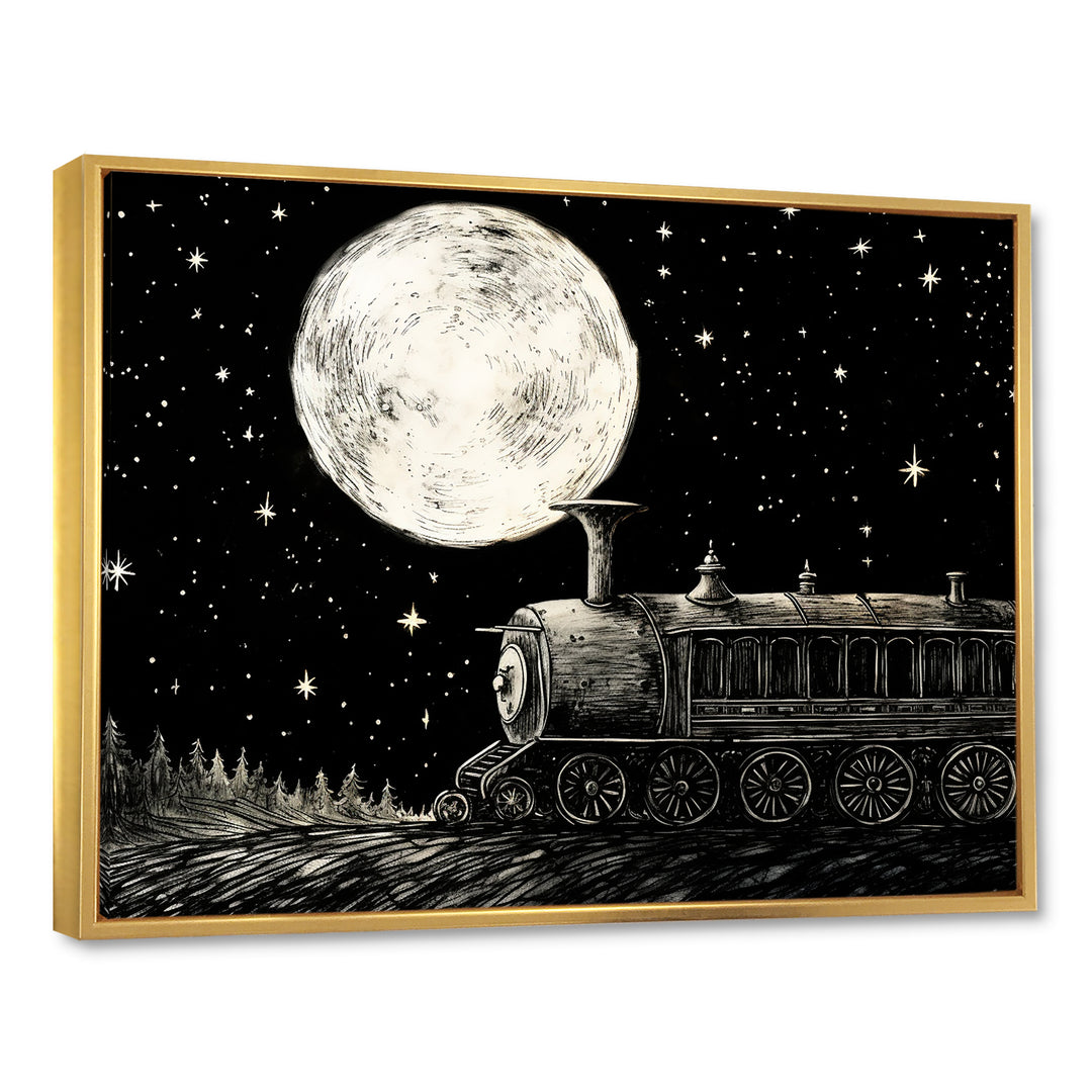Black and white train at night I - Transportation Train Canvas Wall Art