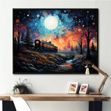 Orange moonlight countryside Train Journey I - Transportation Train Canvas Wall Art