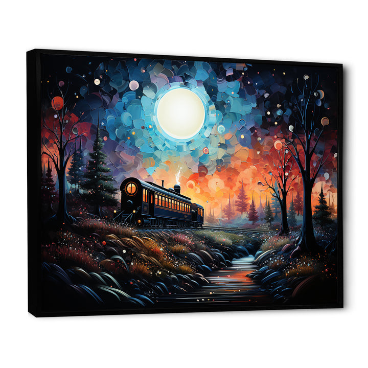 Orange moonlight countryside Train Journey I - Transportation Train Canvas Wall Art