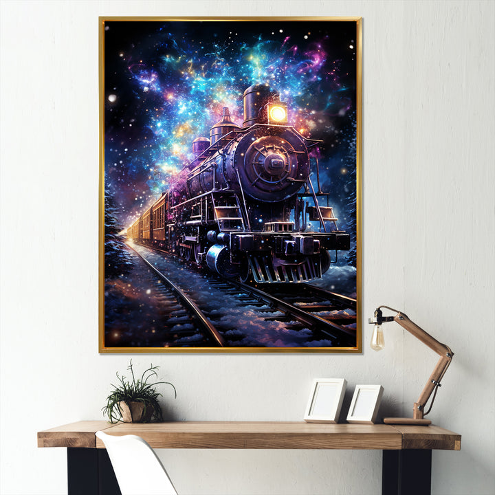 Purple moonlight Train Journey - Transportation Train Canvas Wall Art