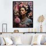 Floral Pink and blue Mexican Portrait II - Fashion Canvas Wall Art