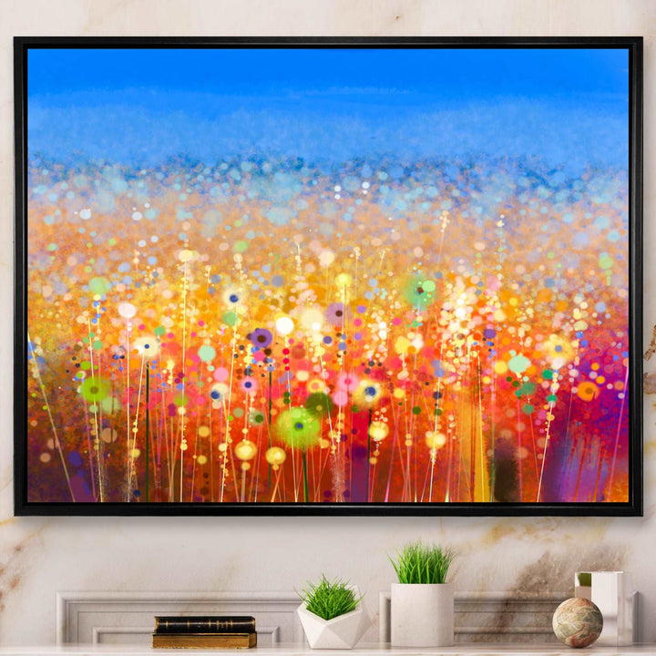 Abstract Flower Field Watercolor Painting Framed Canvas Vibrant Black - 1.5" Thick