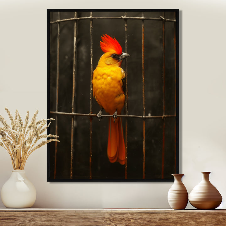 Yellow red Caged Bird elegance - Bird Canvas Wall Art