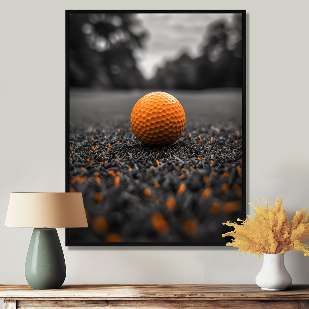 Monochrome Orange Grey Golf Ball I - Golf Canvas Wall Art