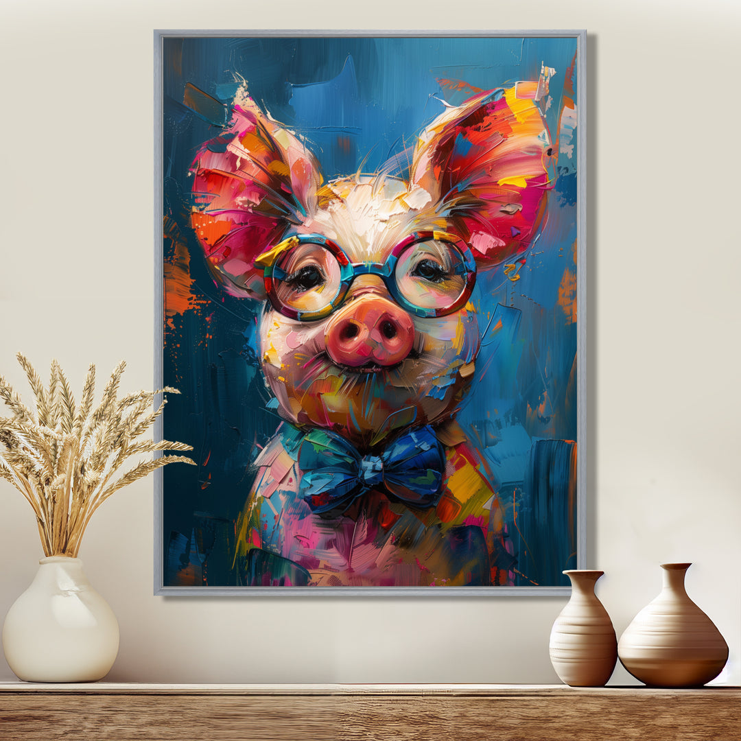 Curious blue pink pig portrait - Pig Large Canvas Wall Art
