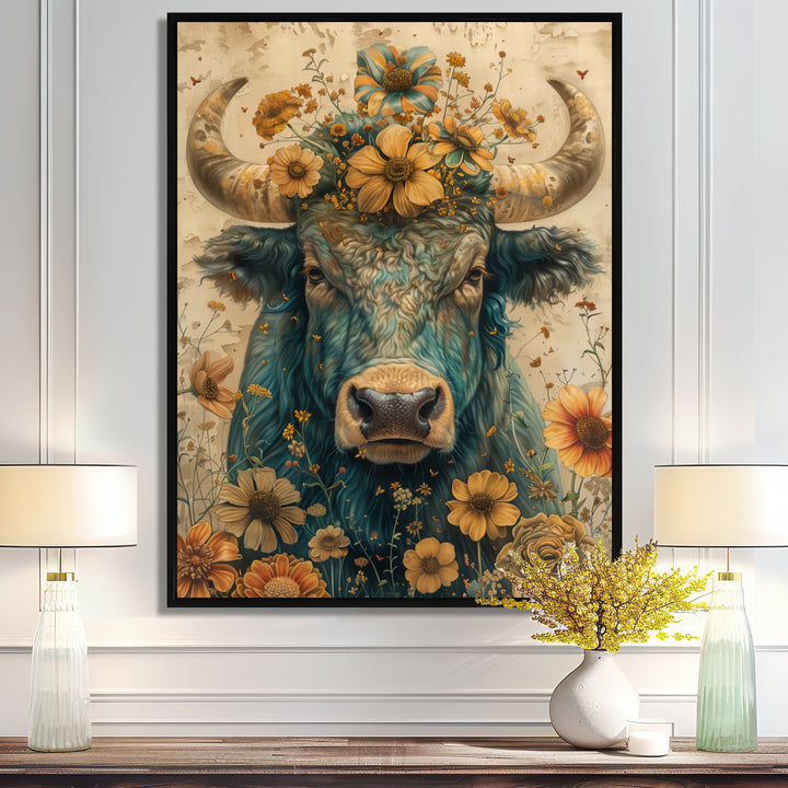 Vintage floral green Taurus portrait - Green Taurus Wall Art