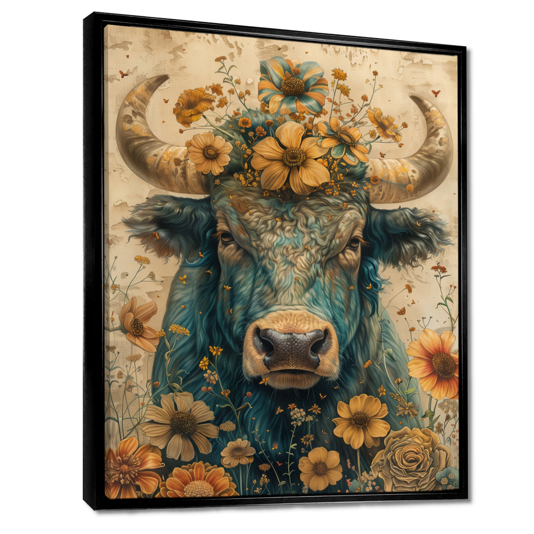 Vintage floral green Taurus portrait - Green Taurus Wall Art
