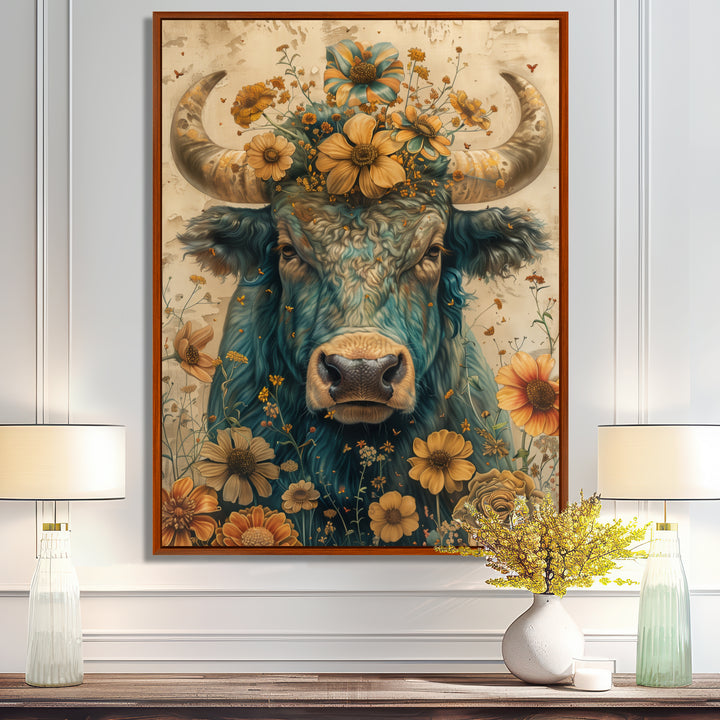 Vintage floral green Taurus portrait - Green Taurus Wall Art