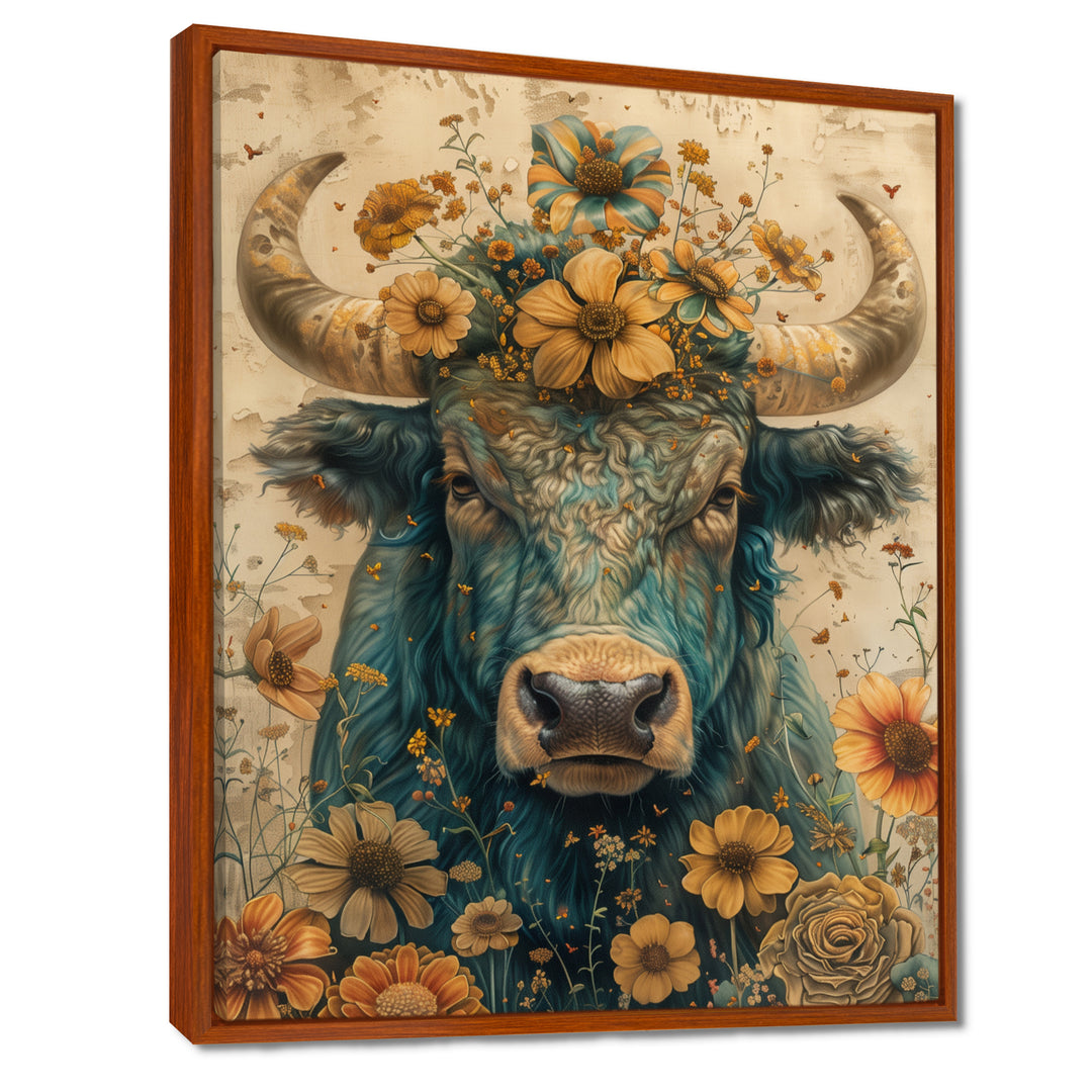 Vintage floral green Taurus portrait - Green Taurus Wall Art