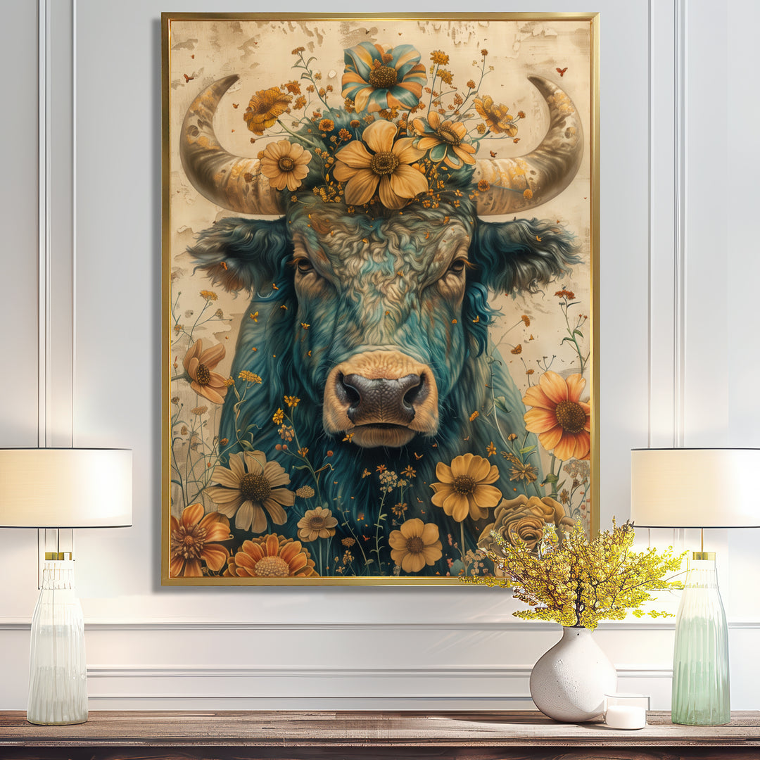 Vintage floral green Taurus portrait - Green Taurus Wall Art