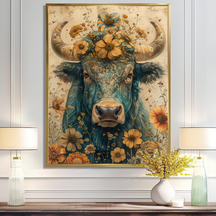 Vintage floral green Taurus portrait - Green Taurus Wall Art