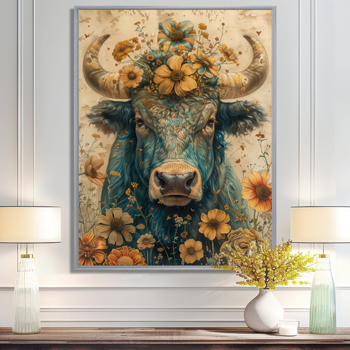 Vintage floral green Taurus portrait - Green Taurus Wall Art