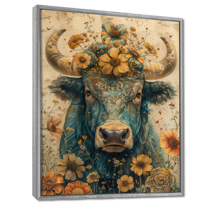 Vintage floral green Taurus portrait - Green Taurus Wall Art