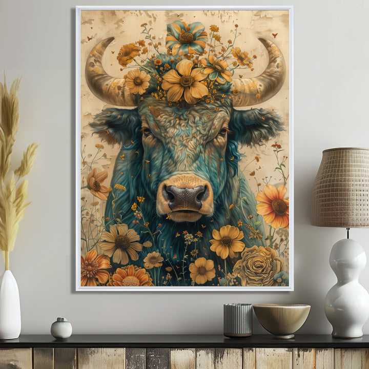 Vintage floral green Taurus portrait - Green Taurus Wall Art