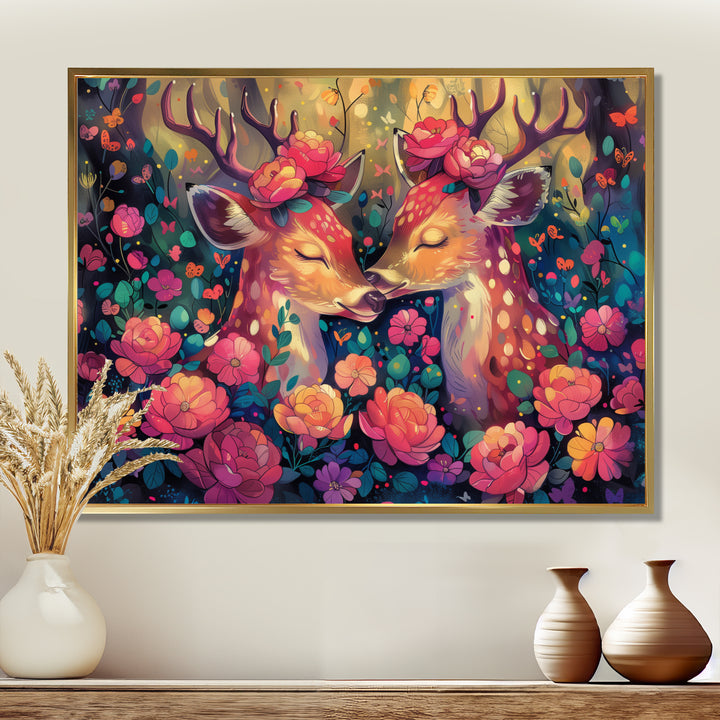 Pink green floral deer forest - Deer Framed Canvas Art