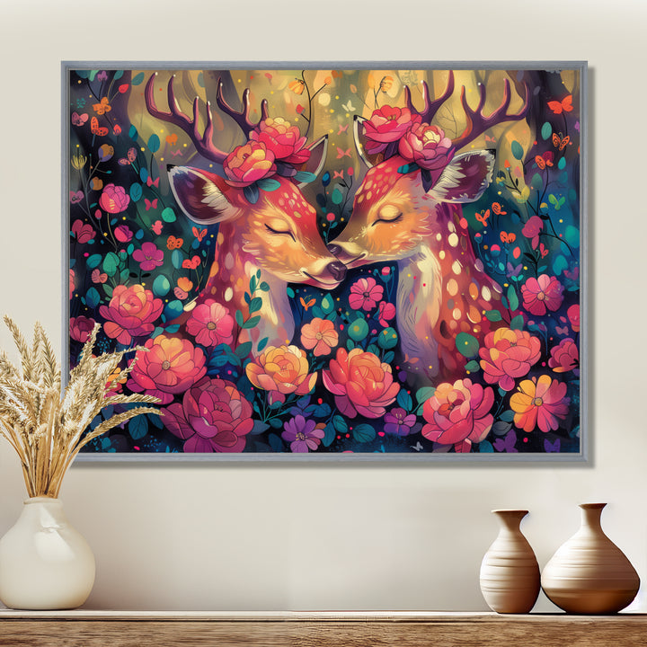 Pink green floral deer forest - Deer Framed Canvas Art