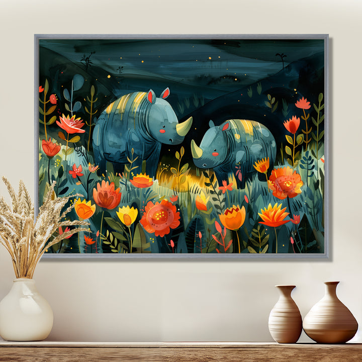 Green orange summer Rhino wondering dreams - Rhino Wall Art Prints