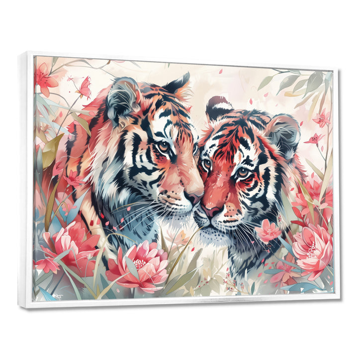 White pink tigers flowers meadows - Tiger Framed Canvas Art