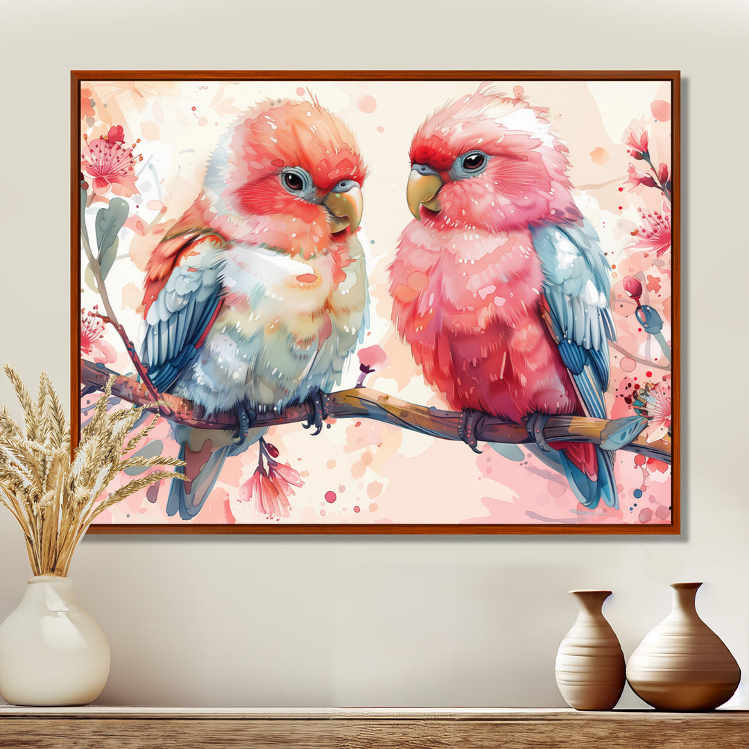 Pink blue parrots on a floral branch - Parrot Living Room Wall Art