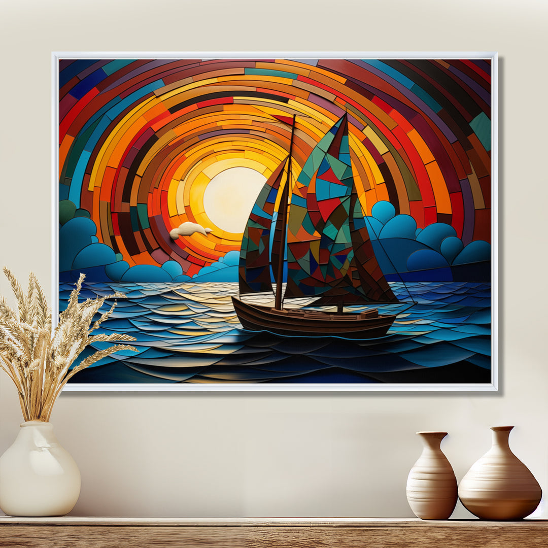 Colorful sunrise Sailing Boat on the ocean I - Boat Sailing Canvas Wall Art