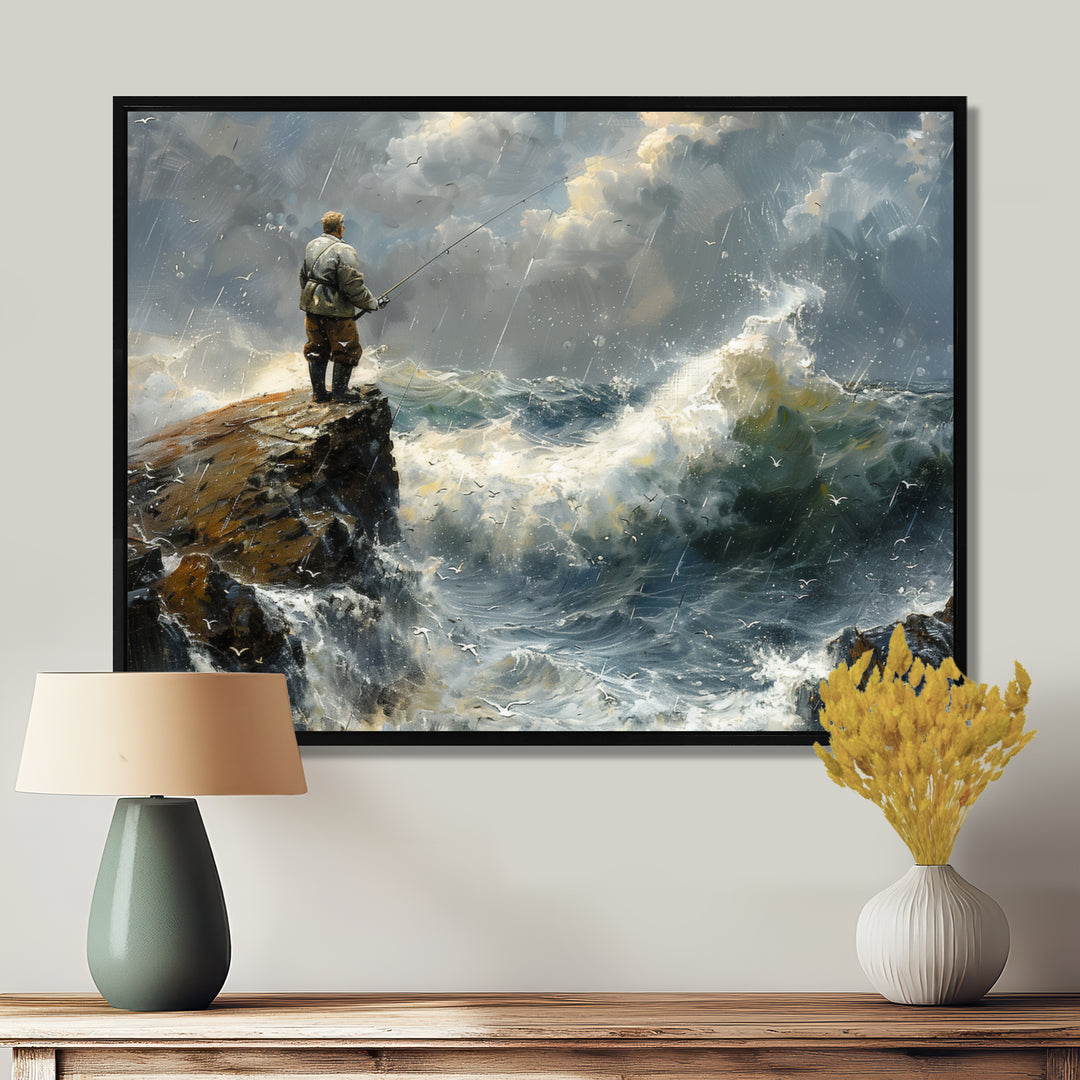 Cliffside Ocean Fishing - Hunting &amp; Fishing Canvas Wall Art