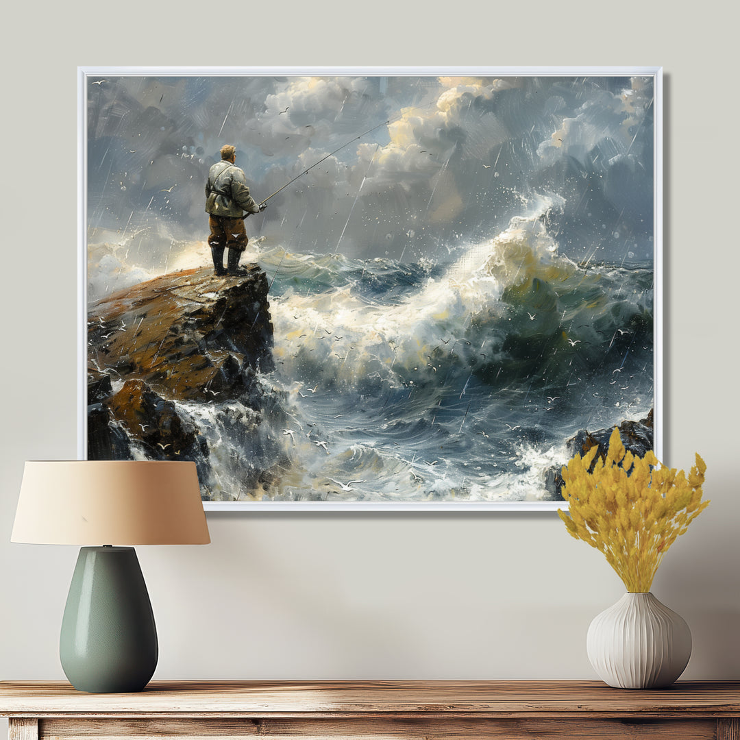 Cliffside Ocean Fishing - Hunting &amp; Fishing Canvas Wall Art