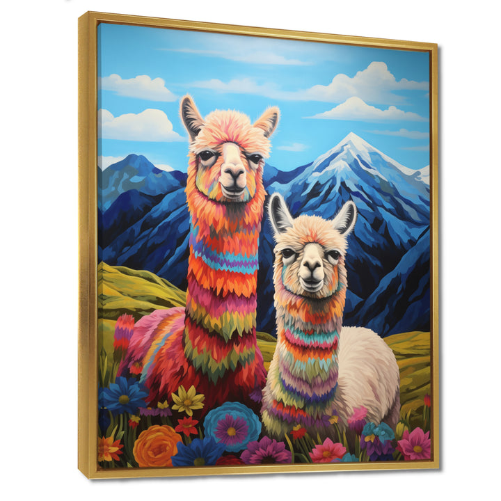 Colorful Alpacas in Chile mountain flower landscape - Llama Wall Art Prints