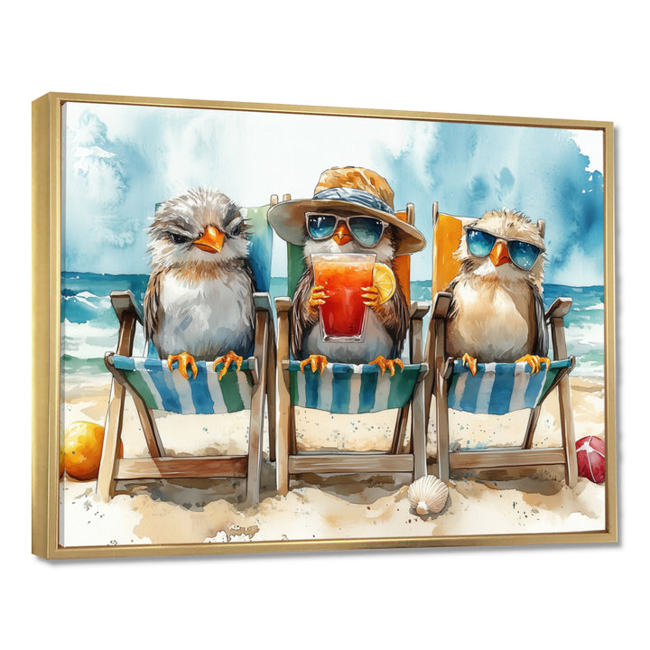 Canaries On The Beach Lounging Chair - Coastal Animal Living Room Wall Art