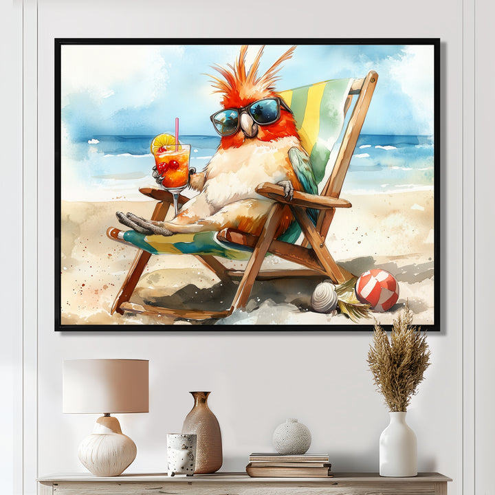 Cockatiel On The Beach Lounging - Coastal Animal Canvas Wall Art