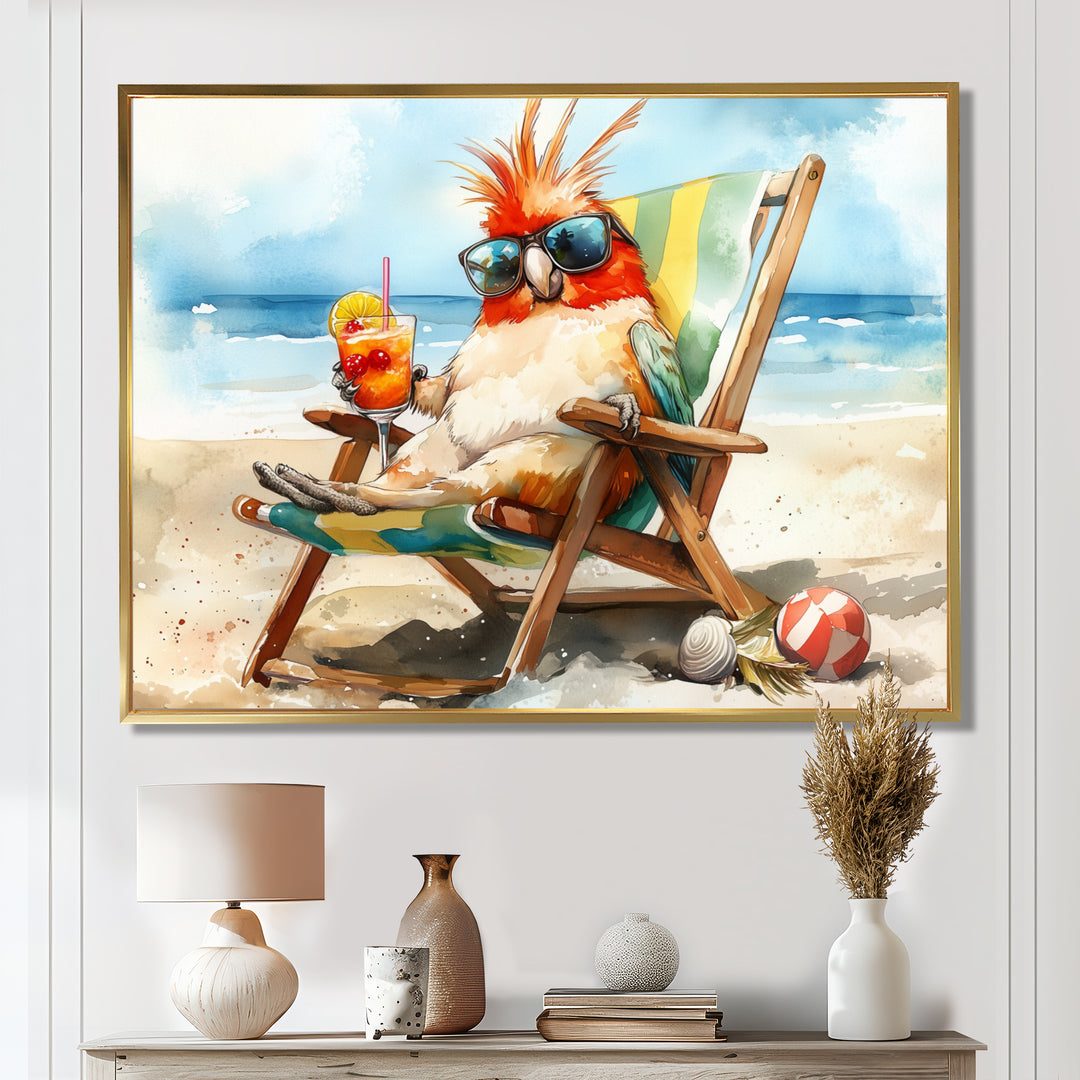 Cockatiel On The Beach Lounging - Coastal Animal Canvas Wall Art