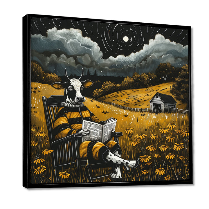 Cow Reading In The Meadow On A Rocking Chair - Cow Wall Decor