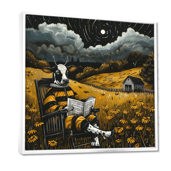 Cow Reading In The Meadow On A Rocking Chair - Cow Wall Decor