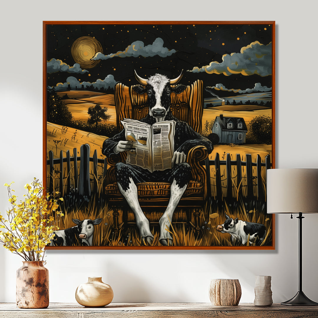 Cow Reading In The Meadow On A Chair - Cow Wall Art Prints