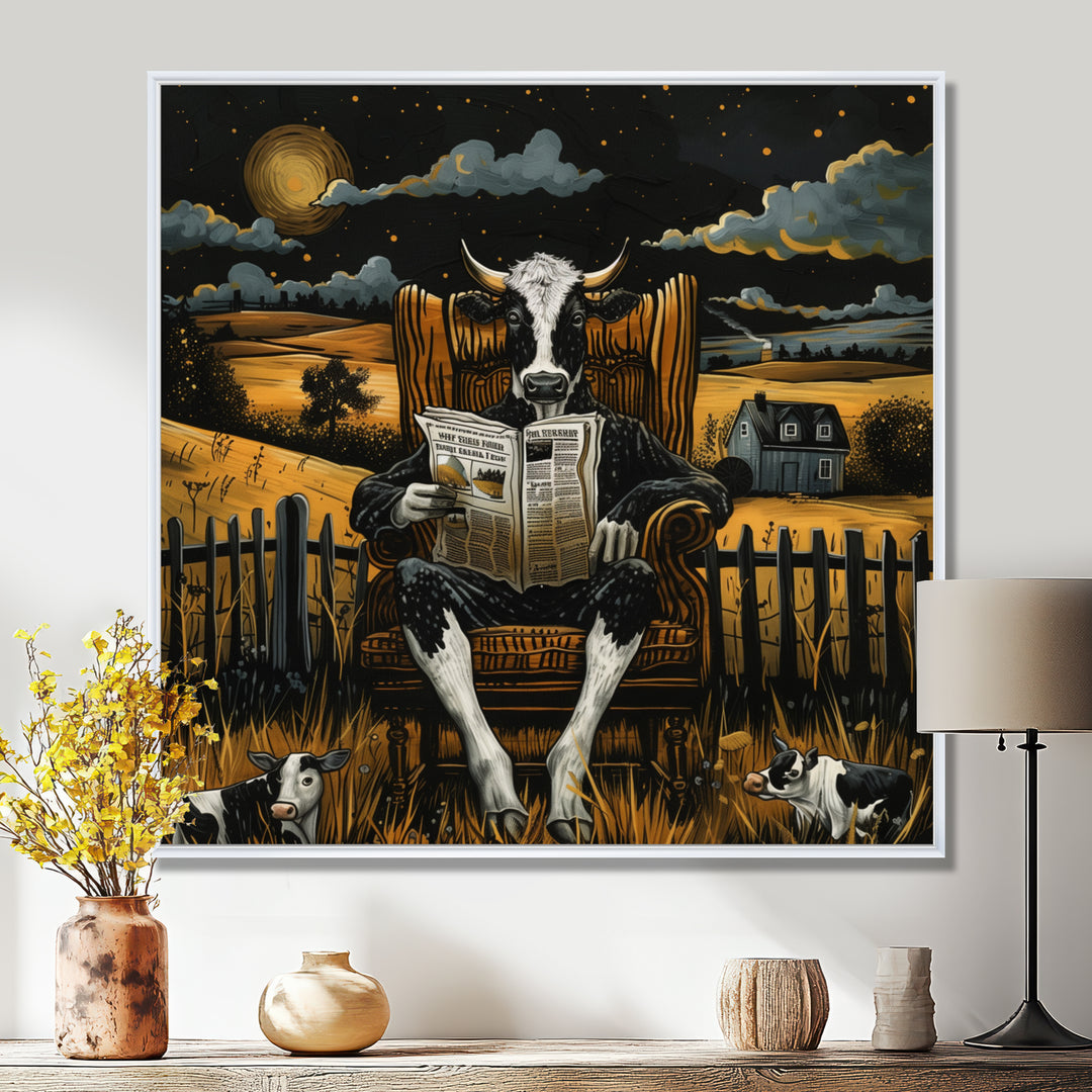 Cow Reading In The Meadow On A Chair - Cow Wall Art Prints