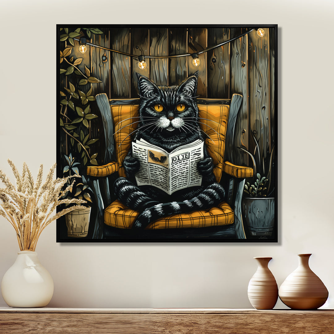 Gothic Cat Reading Newspaper On A Chair - Cat Large Canvas Wall Art