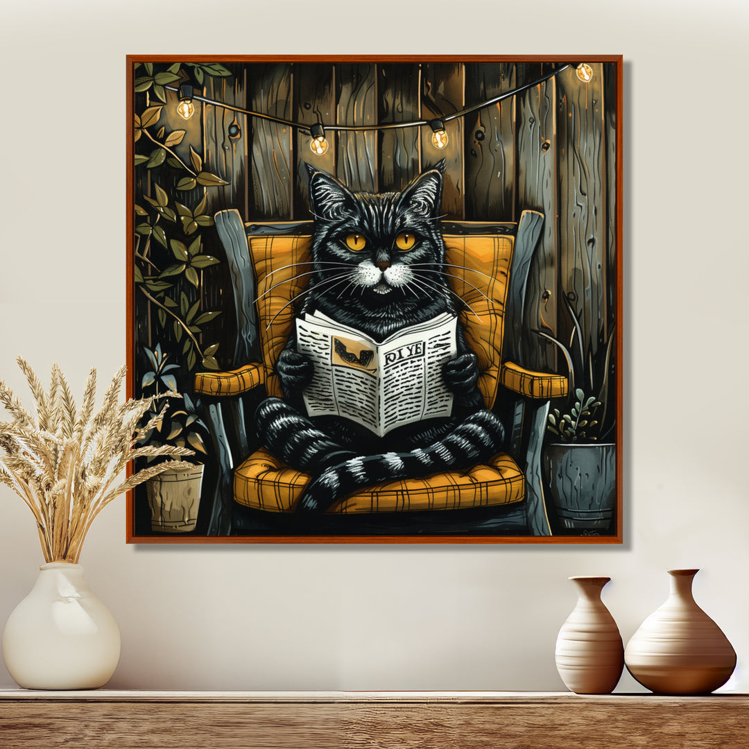Gothic Cat Reading Newspaper On A Chair - Cat Large Canvas Wall Art