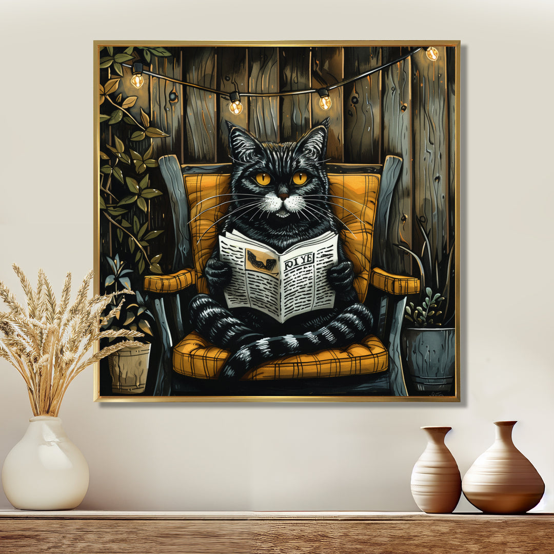 Gothic Cat Reading Newspaper On A Chair - Cat Large Canvas Wall Art