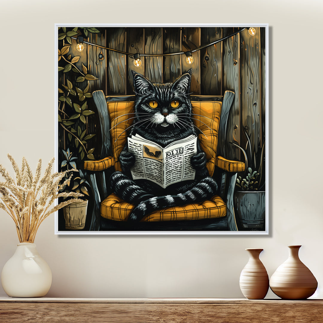 Gothic Cat Reading Newspaper On A Chair - Cat Large Canvas Wall Art