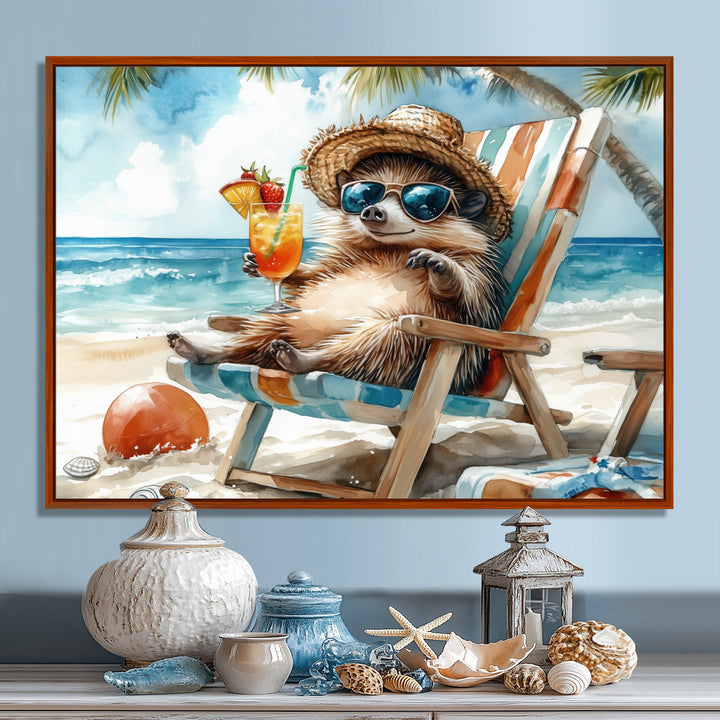 Hedgehog Beachside Lounging - Coastal Animal Living Room Wall Art